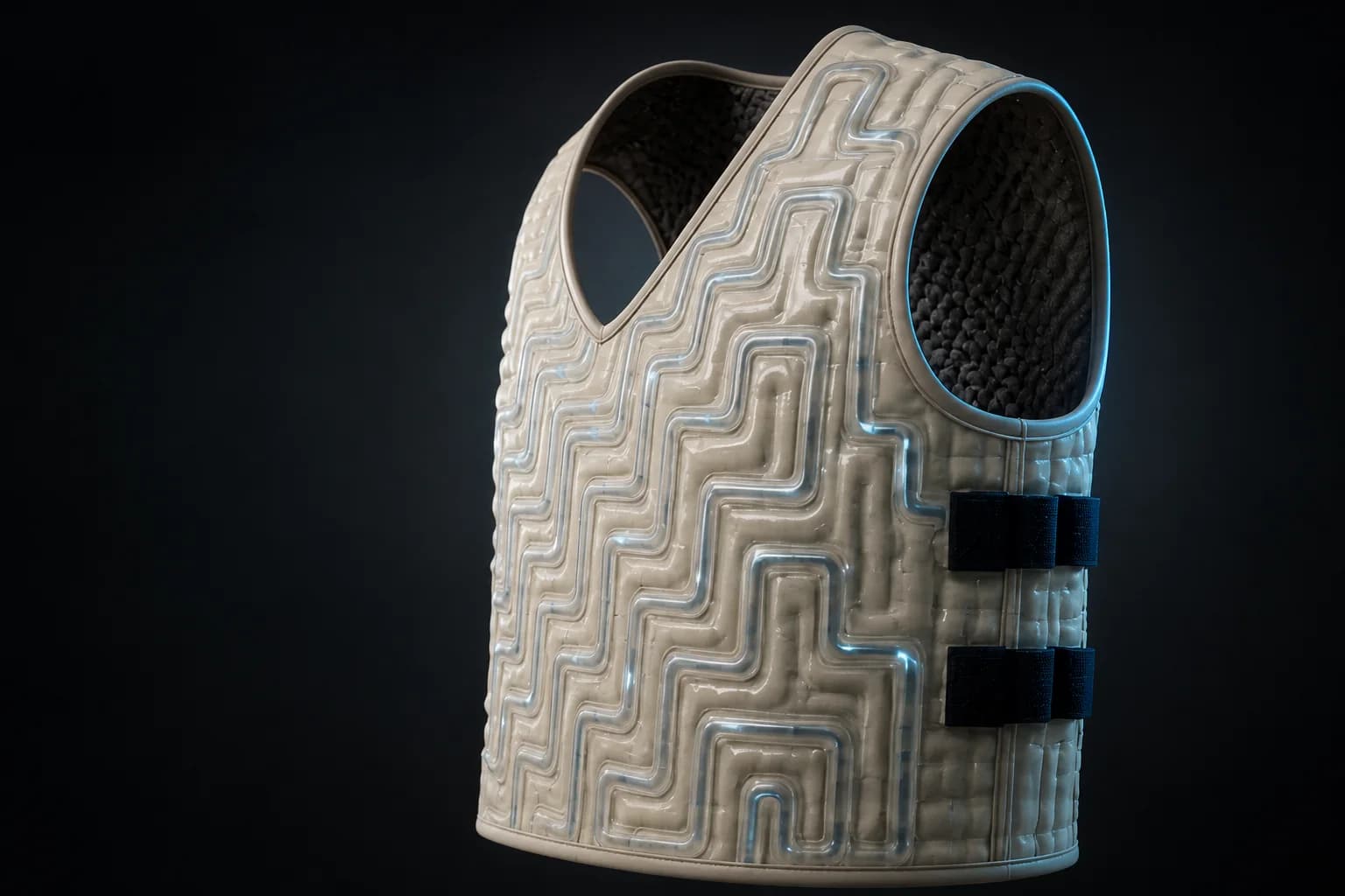 The EndoTer cooling vest in three-quarter view, its serpentine coolant channels catching a cool rim light.