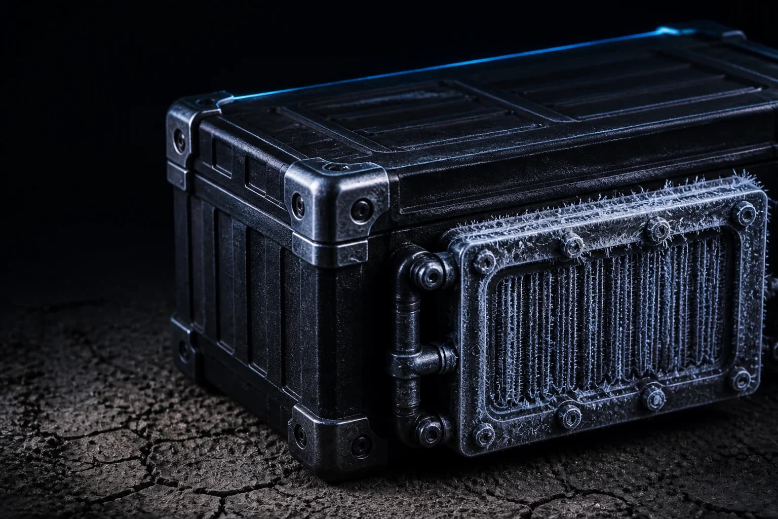 A ruggedised field enclosure with a frost-traced cooling manifold.